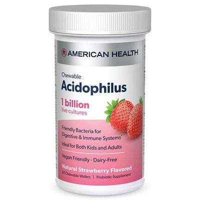 AMERICAN HEALTH Daily Chewable Tablet Acidophilus, 1 Billion Live Cultures, Beneficial Bacteria for The Digestive &amp; Immune Systems, Strawberry, 60 Count
