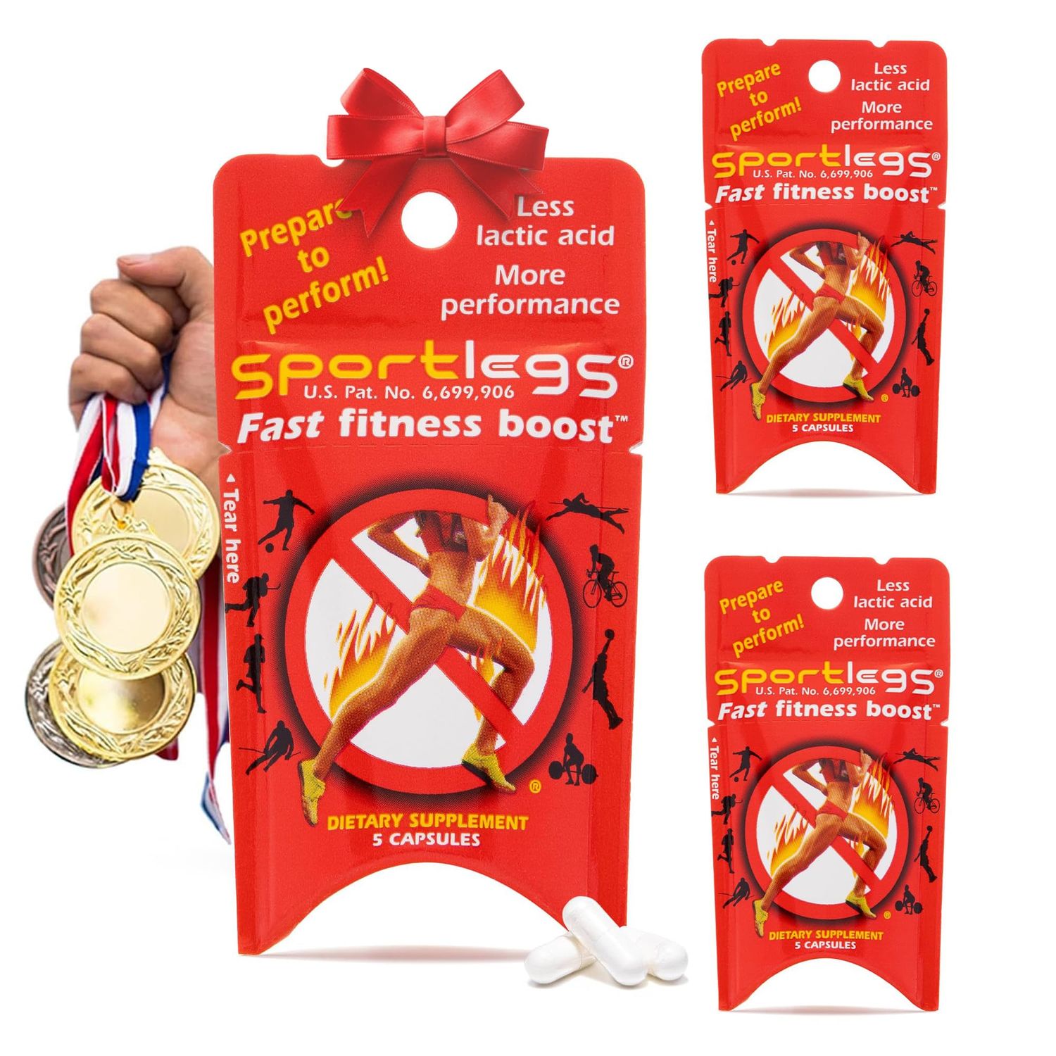 SPORTLEGS Fast Fitness Boost Pre Workout Lactic Acid Supplement, Sports Endurance Fuel - 5-Cap Packet, Trial Pack of 3