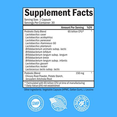 Probiotic 65 Billion - Probiotics with Prebiotic for Women & Men - Lactobacillus Acidophilus Digestive Health Capsules - Targeted Release Technology - Shelf Stable Supplement Non-GMO Dairy Free-30ct