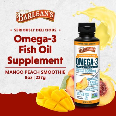Barlean's Mango Peach Omega 3 Fish Oil Liquid Supplement with Vitamin D, 1080mg EPA &amp; DHA Fatty Acid, Smoothie Flavored &amp; Burpless for Brain, Joint, &amp; Heart Health, 8 oz