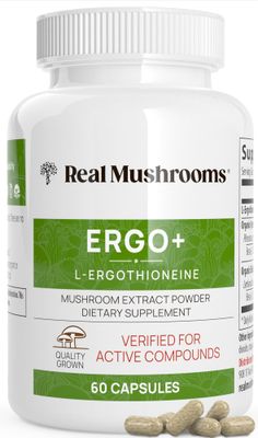 Real Mushrooms L-Ergothioneine, Golden Oyster Mushroom Extract (60ct) Longevity, Immune Support &amp; Brain Supplement Mushroom Blend with Beta Glucan - Organic, Vegan Mushroom Supplements