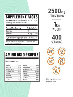 BulkSupplements.com Porcine Collagen Powder - Hydrolyzed Collagen Powder, Collagen Supplement, Collagen Protein Powder - Gluten Free, 2500mg per Serving, 1kg (2.2 lbs) (Pack of 1)