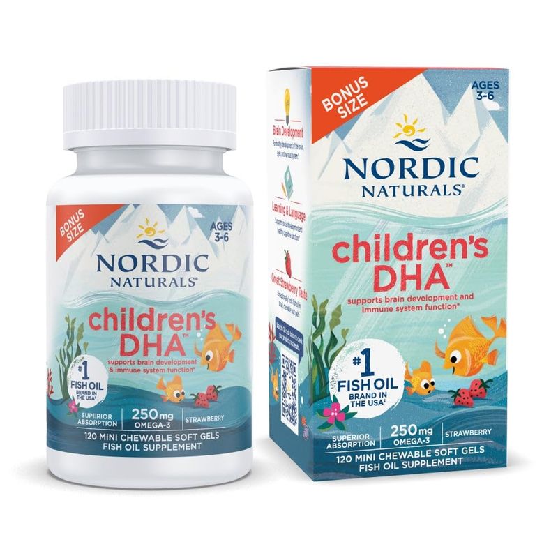 Nordic Naturals Childrens DHA, Strawberry - 120 Mini Chewable Soft Gels for Kids - 250 mg Omega-3 with EPA &amp; DHA - Brain Development &amp; Function - Non-GMO - 30 Servings