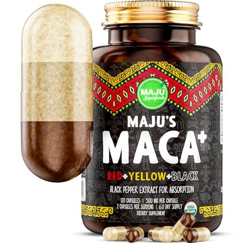 Maju Superfoods 4-in-1 Maca Root Capsules, Organic Black, Yellow &amp; Red Roots w Black Pepper Extract for Absorption (120 ct) | Peru Product, Peruvian Powder, Men &amp; Women Supplement, 60,000 mg