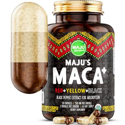 Maju Superfoods 4-in-1 Maca Root Capsules, Organic Black, Yellow &amp; Red Roots w Black Pepper Extract for Absorption (120 ct) | Peru Product, Peruvian Powder, Men &amp; Women Supplement, 60,000 mg