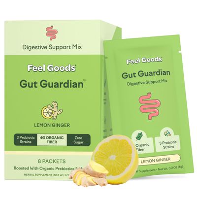 Feel Goods Gut Guardian, Prebiotic &amp; Probiotic Powder, Sugar Free, Organic Fiber, Organic Herbs for Bloat, Gut Health Support, Digestive Health for Men &amp; Women, Non GMO, Vegan | Lemon Ginger, 15 Count