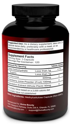 Divine Bounty D-Mannose Capsules - 600mg D Mannose Powder per Capsule with Cranberry and Dandelion Extract to Support Normal Urinary Tract Health - 120 Veggie Capsules
