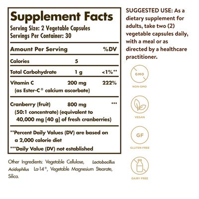 Solgar CRAN FLORA w/ Probiotics Plus Ester-C, 60 Veg. Caps - Support Urinary Tract, Immune &amp; Intestinal Health - Cranberry Powder for Digestion - Non GMO, Vegan, Gluten Free, Dairy Free - 30 Servings