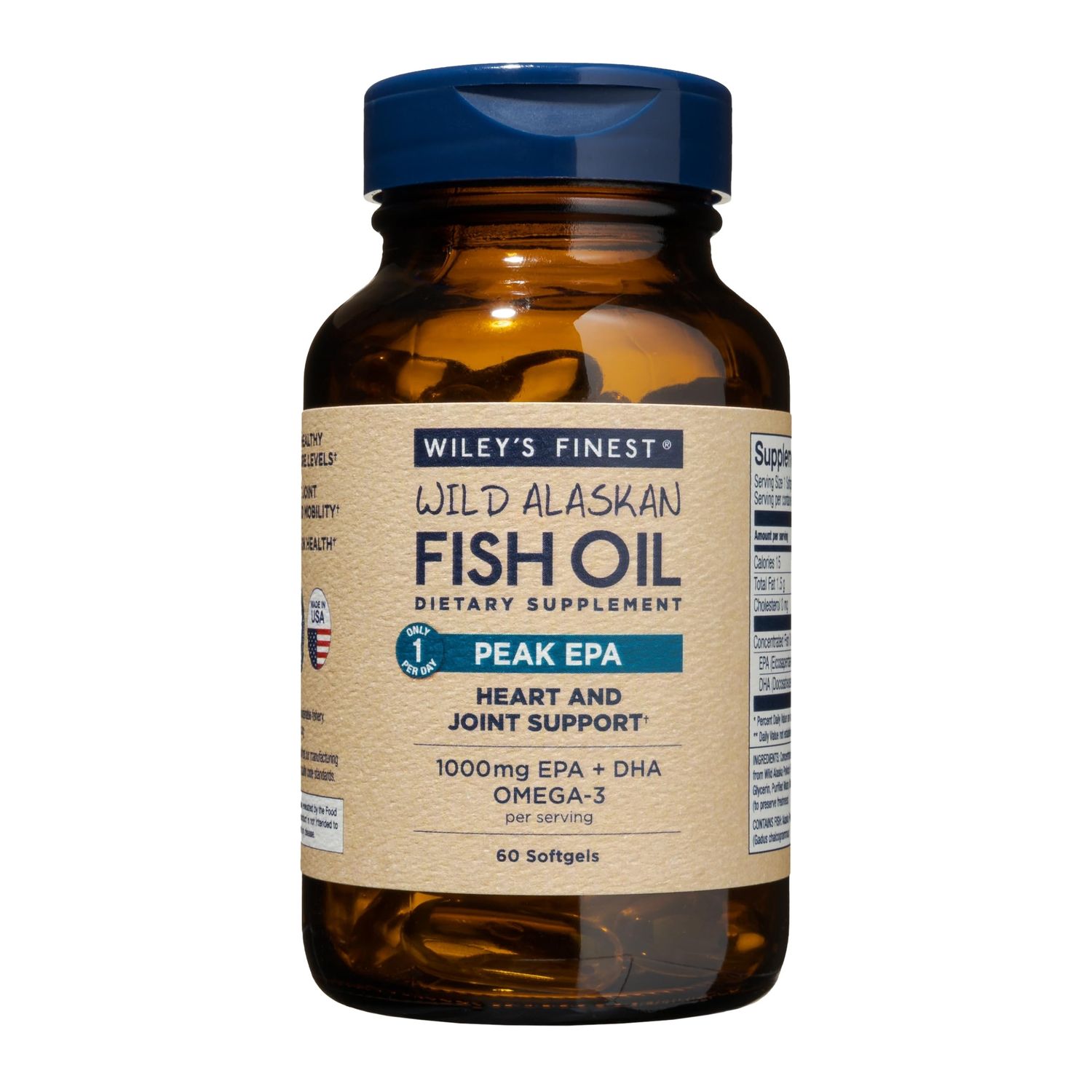 Wiley&#39;s Finest Wild Alaskan Fish Oil Peak EPA - Triple Strength Peak EPA and DHA - 1000mg Omega-3s, SQF-Certified - 60 Softgels (60 Servings)