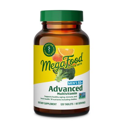MegaFood Men&#39;s 55+ Advanced Multivitamin for Men - Doctor-Formulated -Choline, Vitamin D, Vitamin B12 - Plus Real Food - Brain Health Supplement for Adults &amp; Immune Support - 120 Tabs (60 Servings)