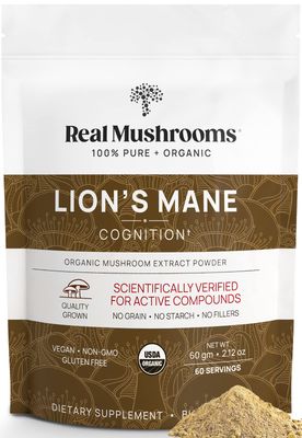 Real Mushrooms Lions Mane Powder - Organic Lions Mane Mushroom Extract for Cognitive Function &amp; Immune Support - Brain Supplements for Memory and Focus - Vegan Mushroom Supplement, 60 Servings