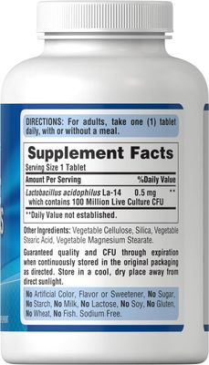 Puritan's Pride Daily Probiotic Acidophilus, 100 Million Live Cultures, Dietary Supplement for Digestive, Gut, and Immune Health, Soy, Sodium, and Gluten Free, 8 Month Supply, 250 Tablets