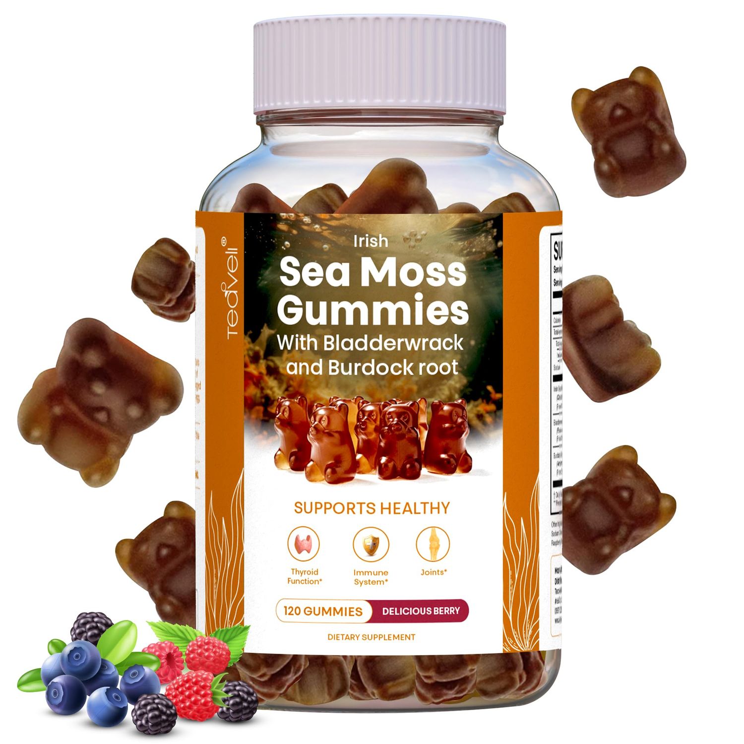 Irish Sea Moss Gummies- 120 Delicious Berry Vegan Seamoss Gummies with Burdock Root, Seamoss &amp; Bladderwrack - Gummy Vitamins to Support a Healthy Thyroid, Gut &amp; Immune - for Adults &amp; Kids