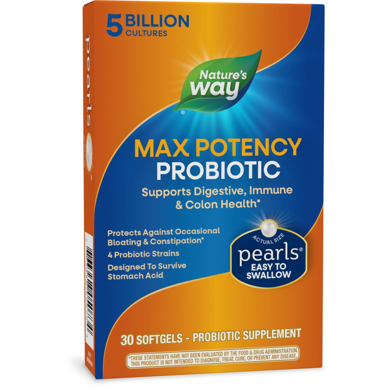Nature&#39;s Way Max Potency Probiotic Pearls for Men and Women, Supports Digestive, Immune, Colon Health*, 5 Billion Live Cultures, No Refrigeration Required, 30 Softgels (Packaging May Vary)
