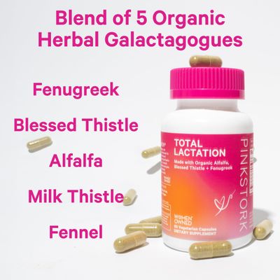 Pink Stork Total Lactation Supplement for Breast Milk Supply, Organic Fenugreek and Alfalfa to Support Breastfeeding, Milk Flow, and Production, Postpartum Essentials - 60 Capsules