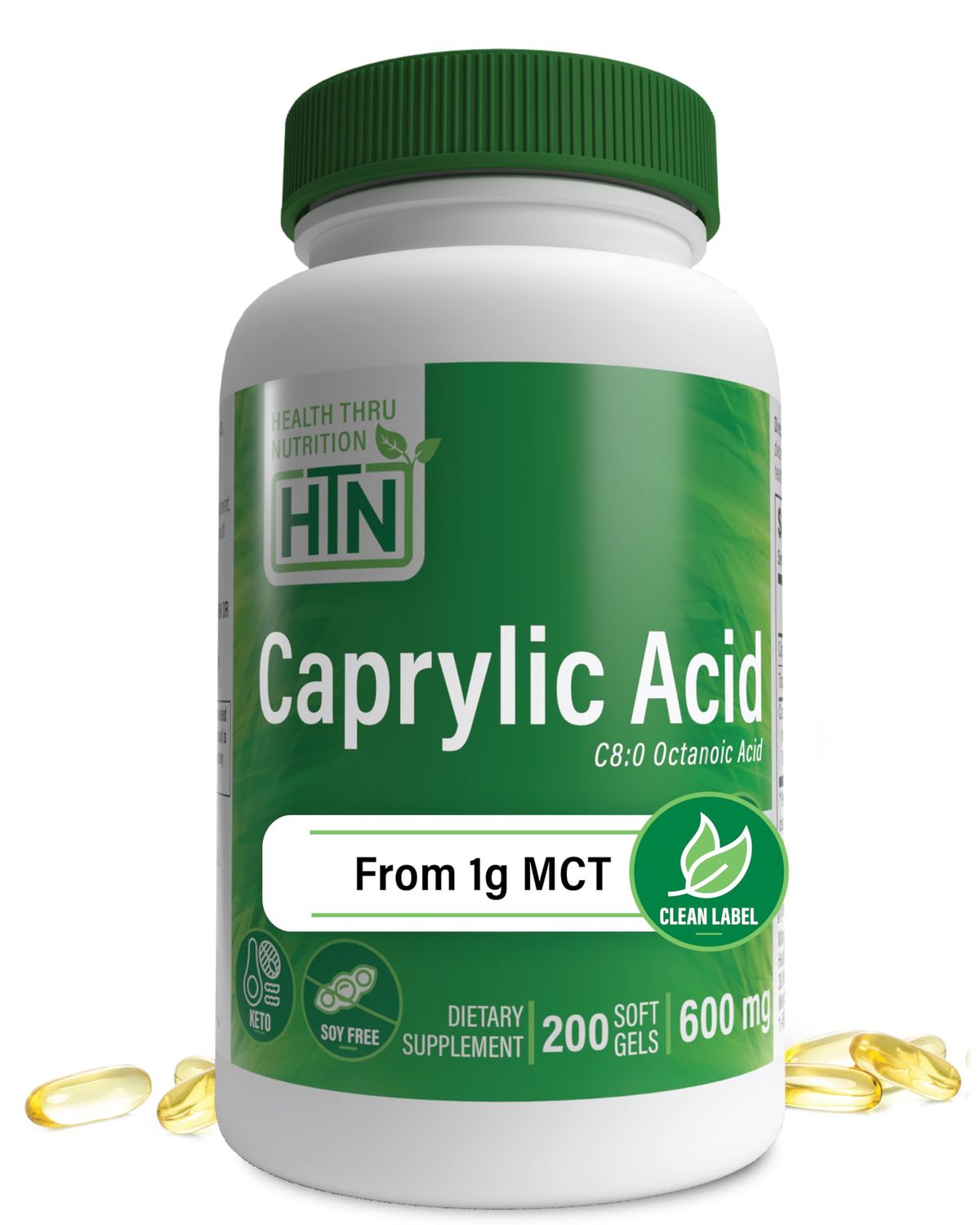 Health Thru Nutrition Caprylic Acid 600mg 200 Softgels | C8 Octanoic Acid from Pure 1g MCT Oil | Non-GMO &amp; Soy Free | Support Healthy Digestive and Intestinal Health | Keto Friendly