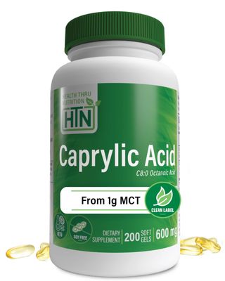 Health Thru Nutrition Caprylic Acid 600mg 200 Softgels | C8 Octanoic Acid from Pure 1g MCT Oil | Non-GMO &amp; Soy Free | Support Healthy Digestive and Intestinal Health | Keto Friendly