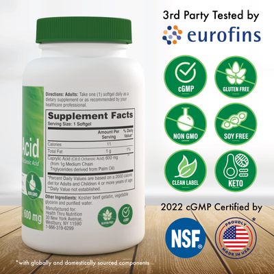 Health Thru Nutrition Caprylic Acid 600mg 200 Softgels | C8 Octanoic Acid from Pure 1g MCT Oil | Non-GMO &amp; Soy Free | Support Healthy Digestive and Intestinal Health | Keto Friendly