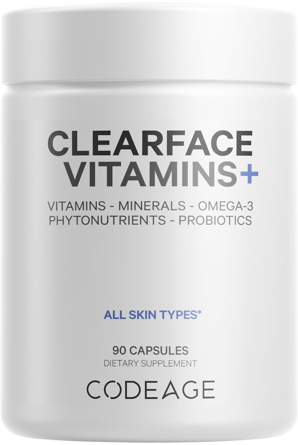 Codeage Clearface Pantothenic Acid, Niacin Supplement, Vitamins A, C, D3, E, Probiotics, Zinc, Riboflavin, Thiamin, L-Lysine HCL &amp; Omega-3, Niacinamide, Skin Botanical Blend - Non-GMO - 90 Capsules