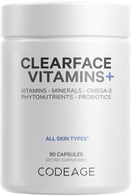 Codeage Clearface Pantothenic Acid, Niacin Supplement, Vitamins A, C, D3, E, Probiotics, Zinc, Riboflavin, Thiamin, L-Lysine HCL &amp; Omega-3, Niacinamide, Skin Botanical Blend - Non-GMO - 90 Capsules