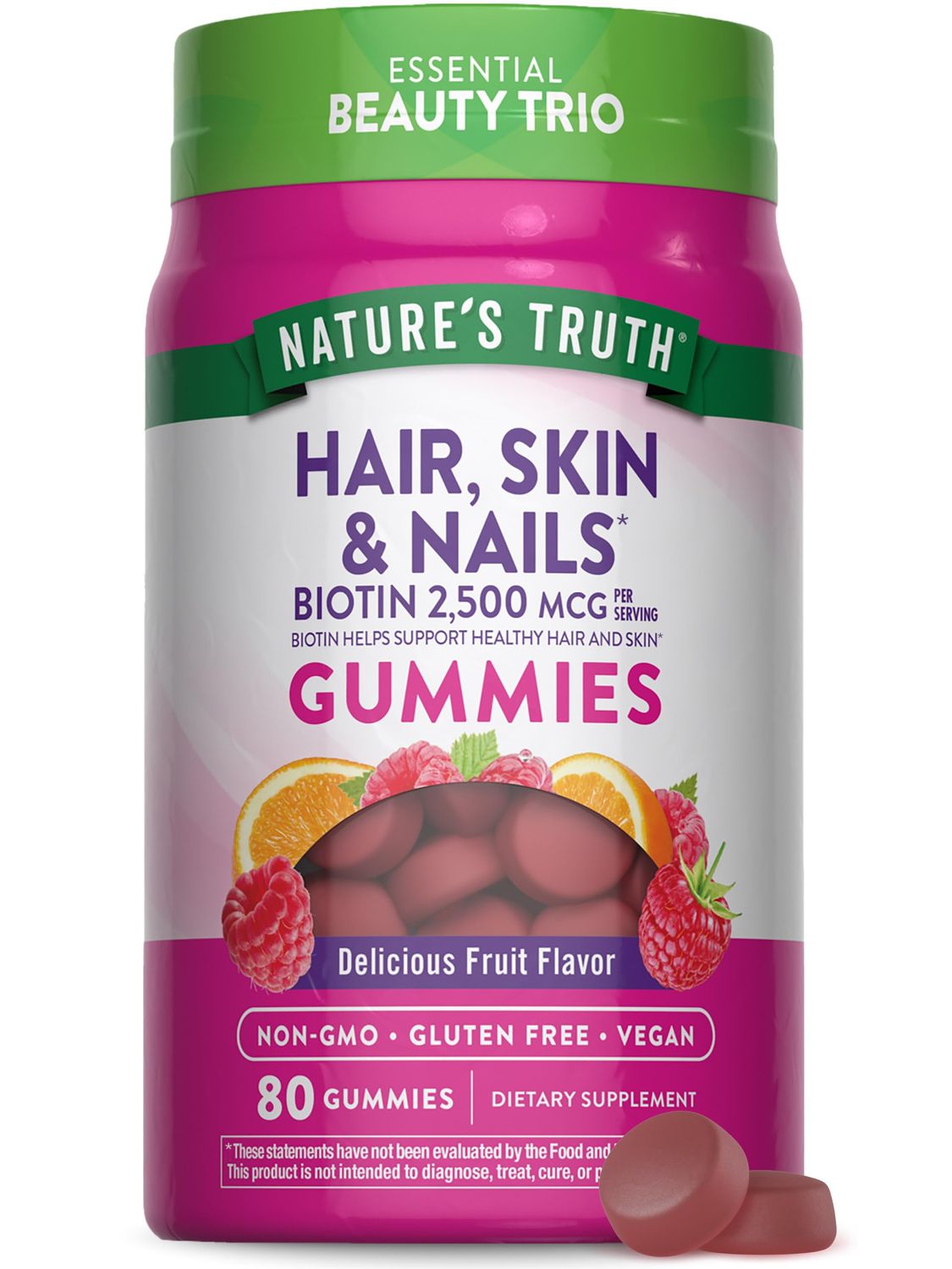 Nature&#39;s Truth Hair Skin and Nails Gummies | 80 Count | 2500mcg of Biotin | Vegan, Non-GMO, Gluten Free Supplement | Vitamin for Women &amp; Men