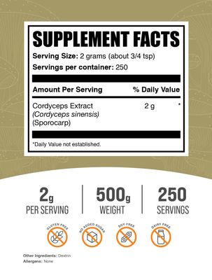 BulkSupplements.com Cordyceps Mushroom Extract Powder - Cordyceps Powder, from Cordyceps Sinensis - Cordyceps Extract, Gluten Free - 2000mg per Serving, 500g (1.1 lbs) (Pack of 1)