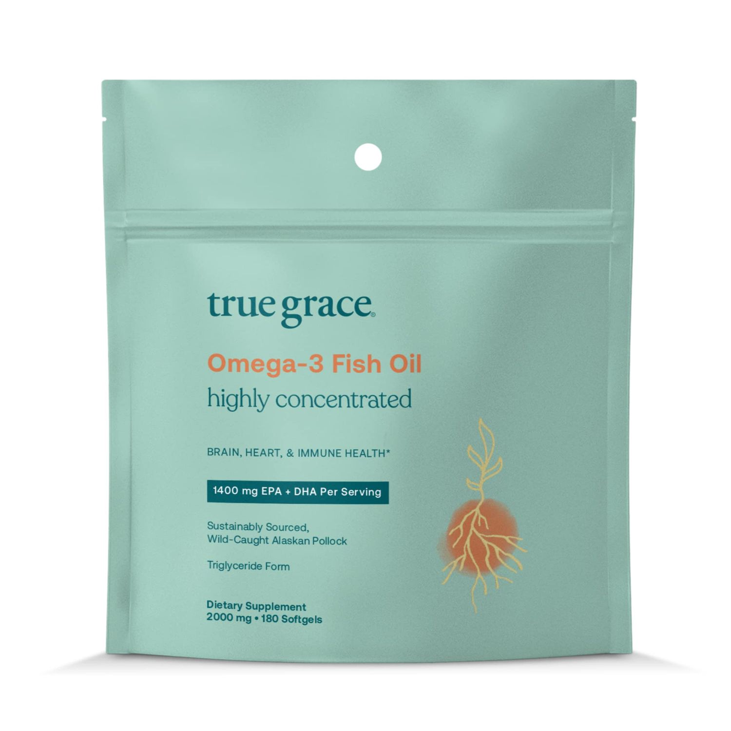 True Grace Omega-3 Fish Oil - 180 Softgels, Refill Pouch - 1400 mg EPA + DHA - Brain, Heart, Joint &amp; Immune Health - Organic, Gluten Free, Soy Free