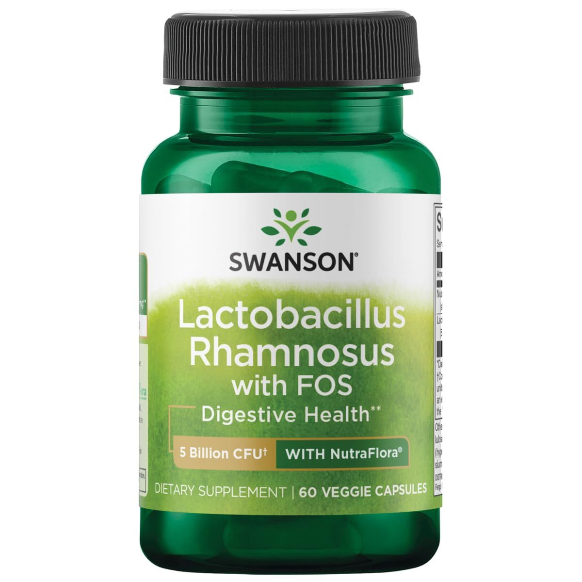 Swanson Lactobacillus Rhamnosus with FOS - Probiotic Supplement Supports Digestive Health - 5 Billion CFU - Promotes GI Tract Health During Travel - (60 Veggie Caps)