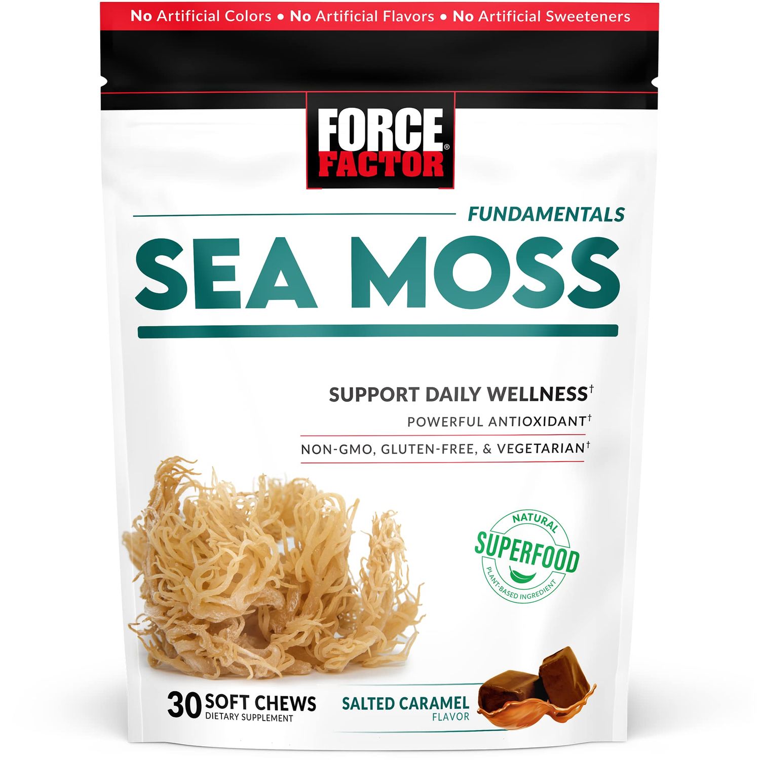 Force Factor Sea Moss Soft Chews, Support Immunity, Digestion, and Heart Health, Irish Sea Moss Superfood &amp; Antioxidants Supplement, Non-GMO, Gluten-Free, Salted Caramel Flavor, 30 Soft Chews