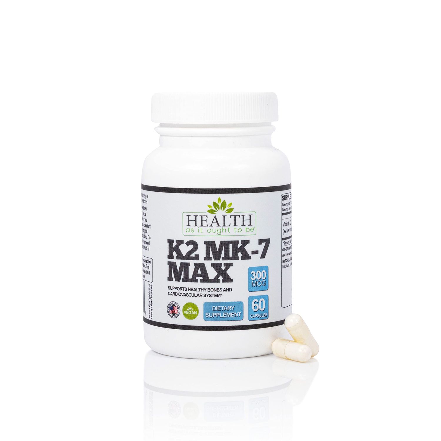 Health As It Ought To Be Vitamin K2 MK7 MAX Extra Strength 300mcg Supplemeny | Soy Free, Proven Bioavailability &amp; Safety | 60 Capsules