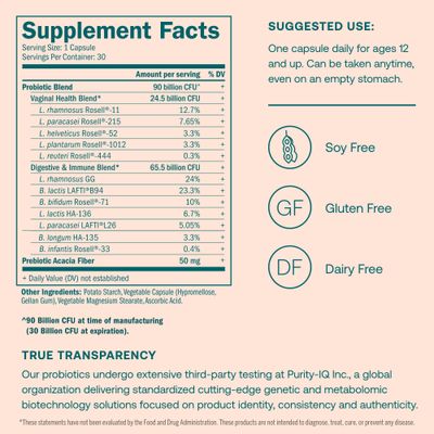 True Grace One Daily Womens Probiotic - 30 Vegetarian Capsules - Digestive, Vaginal & Immune Health - Organic, Gluten Free, Dairy Free, Soy Free