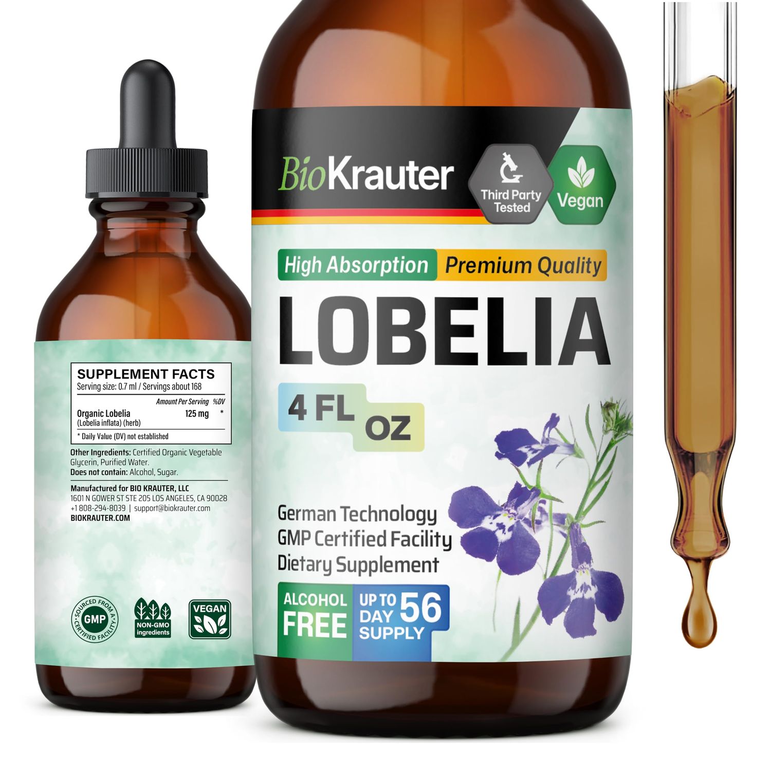 BIO KRAUTER Lobelia Tincture - Vegan Lobelia Extract - Alcohol &amp; Sugar Free Lobelia Herb Liquid - Respiratory Support Lobelia Leaf Supplement - Lobelia Inflata Drops 4 Fl.Oz.