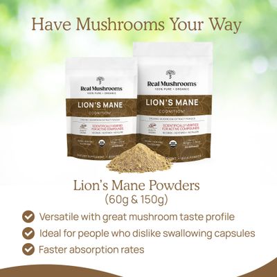 Real Mushrooms Lions Mane Powder - Organic Lions Mane Mushroom Extract for Cognitive Function & Immune Support - Brain Supplements for Memory and Focus - Vegan Mushroom Supplement, 60 Servings