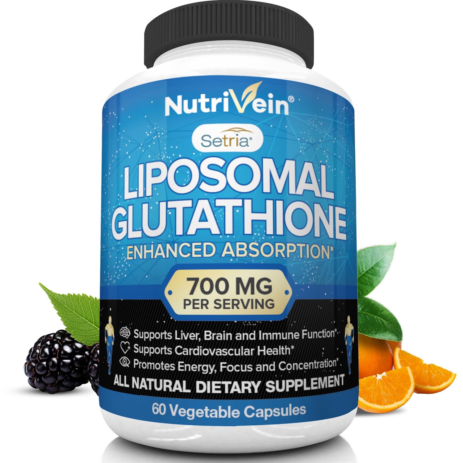 Nutrivein Liposomal Glutathione Setria 700mg - 60 Capsules - Pure Reduced Glutathione - Master Antioxidant for Optimal Cell Protection, Liver Cleanse, Brain and Immune Function