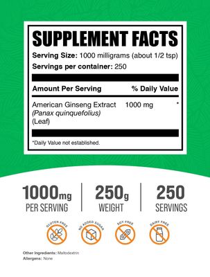 BulkSupplements.com American Ginseng Extract Powder - Ginseng Supplement, American Ginseng Powder, Ginseng Herbal Supplements - Gluten Free, 1000mg per Serving, 250g (8.8 oz) (Pack of 1)