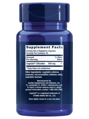 Life Extension Citicoline (CDP-Choline) - Citicoline Supplement for Brain &amp; Cognitive Health, Focus, Attention, Memory Function - Non-GMO, Gluten Free, Vegetarian - 60 Capsules