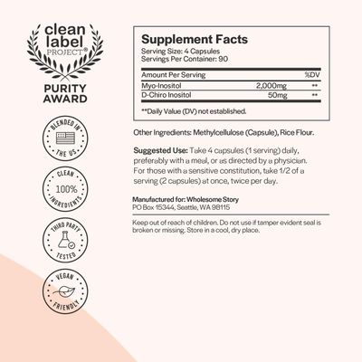 Wholesome Story Inositol Supplement | Myo Inositol &amp; D-Chiro Inositol 2050mg | Hormonal Balance &amp; Ovarian Support | 90 Day Supply