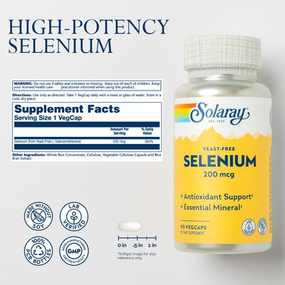 Solaray Yeast Free Selenium 200mcg, Selenium Capsules for Healthy Thyroid Function &amp; Immune Support, High Absorption Supplement, Vegan, 90 Servings, 90 VegCaps