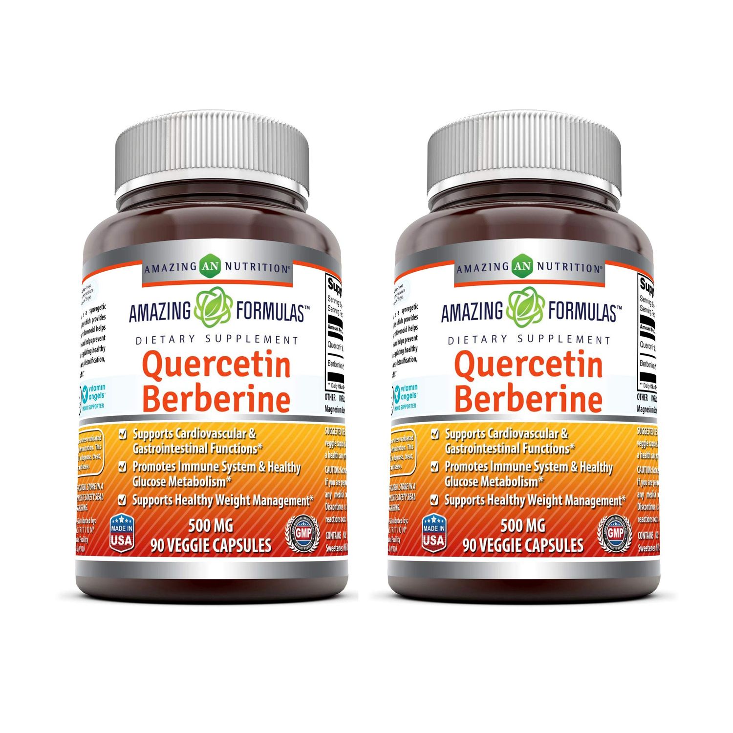 Amazing Formulas Quercetin Berberine | 250 mg Berberine and 250 mg Quercetin | Veggie Capsules Supplement | Non-GMO | Gluten Free | Made in USA (90 | 2 Pack)