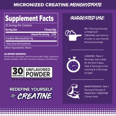 FINAFLEX Pure CREATINE, Unflavored - 5.3 oz - Promotes Muscular Strength, Size &amp; Performance - 100% Pure, Micronized Creatine Monohydrate - 30 Servings