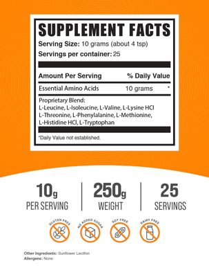 BulkSupplements.com Essential Amino Acids Powder - Essential Amino Acids Supplement, EAA Powder - Unflavored & Gluten Free, 10g of EAAs Amino Acids per Serving, 250g (8.8 oz) (Pack of 1)