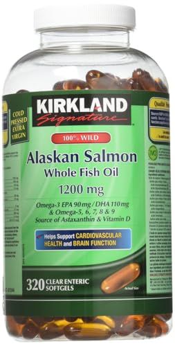 Kirkland Signature 100% Wild Alaskan Salmon Oil 90 EPA 110 DHA 1200mg - 320 Enteric Coated Softgels