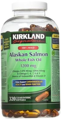 Kirkland Signature 100% Wild Alaskan Salmon Oil 90 EPA 110 DHA 1200mg - 320 Enteric Coated Softgels