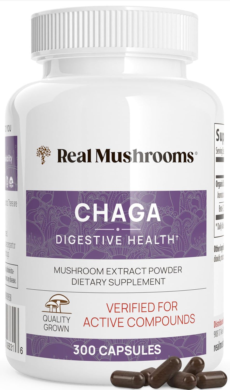 Real Mushrooms Chaga Capsules - Organic Mushroom Supplement with Chaga Extract - Chaga Mushroom Powder for Digestion, Energy, &amp; Immune Support - Vegan Mushroom Extract, Non-GMO, 300 Caps