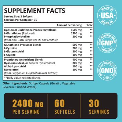 2400 MG Liposomal Glutathione Softgels, Max Absorption, Active Form L-Glutathione Reduced (GSH), with Hyaluronic Acid, Resveratrol, Master Antioxidants for Detox, Brain, Immune System, 60 Softgels