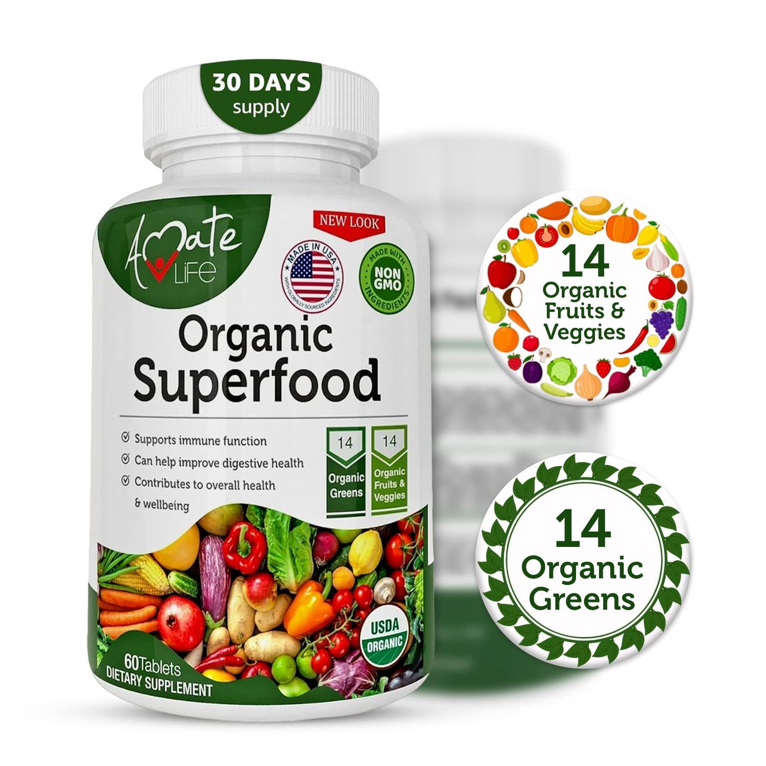 Organic Superfood Greens Fruits and Veggies Complex - Best Dietary Supplement with 14 Greens and 14 Fruits &amp; Vegetables with Alfalfa Rich in Antioxidants Organic Ingredients Non-GMO 60 Tablets