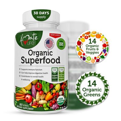 Organic Superfood Greens Fruits and Veggies Complex - Best Dietary Supplement with 14 Greens and 14 Fruits &amp; Vegetables with Alfalfa Rich in Antioxidants Organic Ingredients Non-GMO 60 Tablets