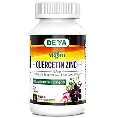 DEVA Vegan Quercetin 500mg Plus 25mg Zinc with Elderberry, Echinacea and Oregano Extracts -No Animal Ingredients - 90 Tablets, 1-Pack