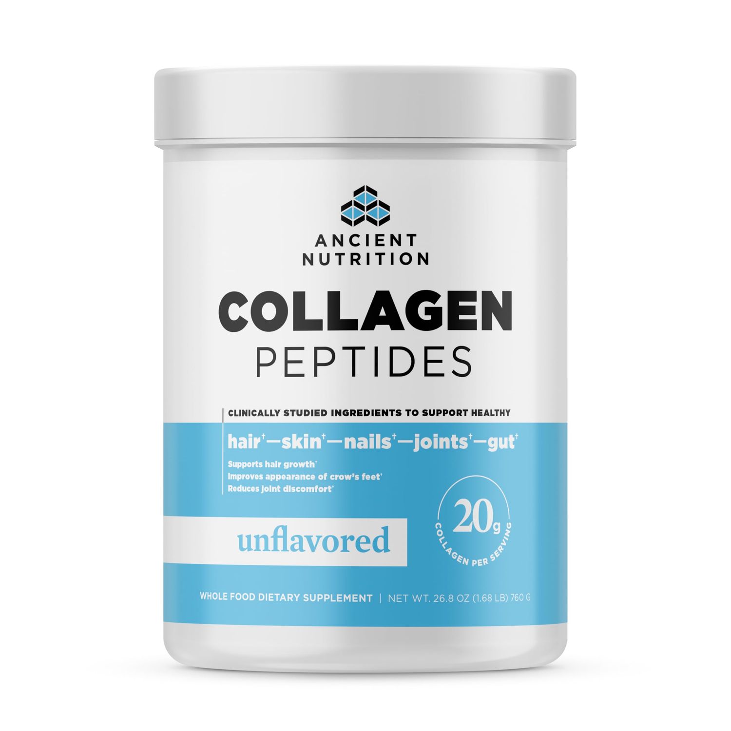 Ancient Nutrition Collagen Peptides, Collagen Peptides Powder, Unflavored Hydrolyzed Collagen, Supports Healthy Skin, Joints, Gut, Keto and Paleo Friendly, 38 Servings, 20g Collagen per Serving