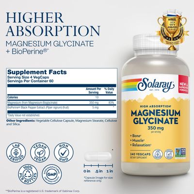 Solaray Magnesium Glycinate, New &amp; Improved Fully Chelated Bisglycinate with BioPerine, High Absorption Formula, Stress, Bones, Muscle &amp; Relaxation Support, 60 Day Guarantee, 60 Servings, 240 VegCaps